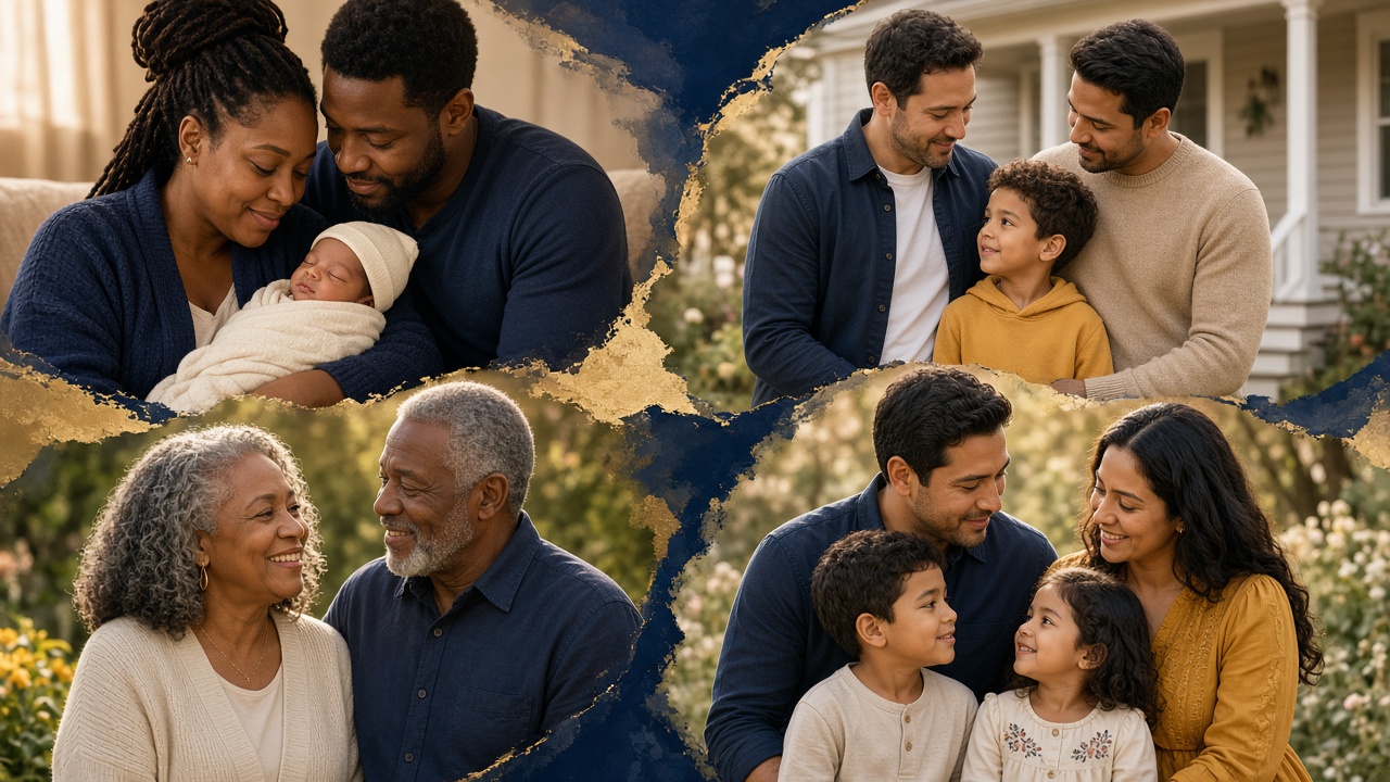 Diverse families: new parents, a same-sex couple with their child, an older couple, and a young family